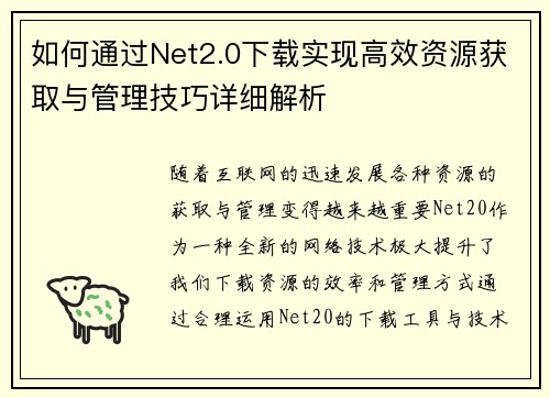 如何通过Net2.0下载实现高效资源获取与管理技巧详细解析